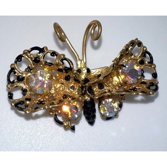 Made in Austria gold tone black spotted AB rhinestones butterfly brooch pin - Picture 5 of 8